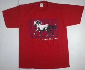 Vintage JERZEES Red Short Sleeve T Shirt Red Horse equestrian 1989 Sz L stain  - Picture 1 of 7