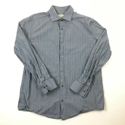 Camisa Merona Azul Gris Rayas Abotonada Manga Larga 100% Algodón Talla L Foto 1 de 4