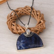 Huge D Shape Sodalite Necklace With Tiny Crescent Moon Sterling Silver Pendant