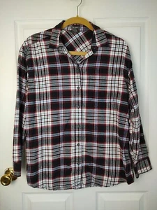 Eddie Bauer Women Small Button Up Flannel Boyfriend Fit Plaid Black White Red - Picture 1 of 4