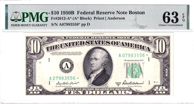 1950-B $10 Federal Reserve Note *STAR* Boston PMG CU 63EPQ #A07983556* - Image 1 of 2