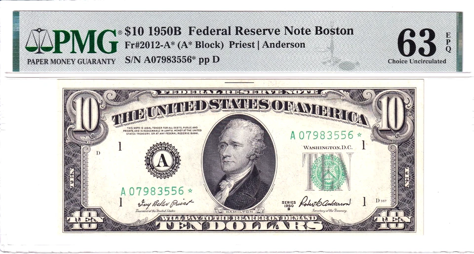 1950-B $10 Federal Reserve Note *STAR* Boston PMG CU 63EPQ #A07983556* - Image 1 of 2
