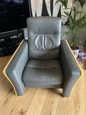 Grey Leather & Wood Recliner Chair – Excellent Condition – Very Comfortable - Image 1 of 4