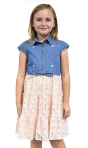 Zunie Girls Boys Dress Pink Multicolor Denim Short Cap Sleeves Tiered Summer - Picture 1 of 5