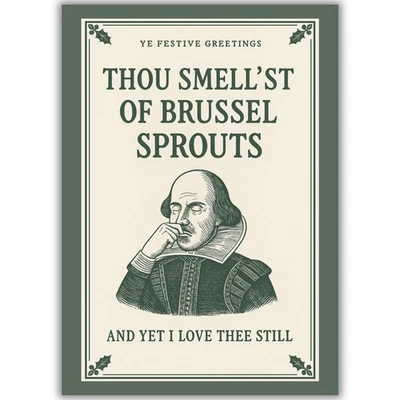 Funny Shakespeare Christmas Card For Him Her Daughter Son Thou Smells Sprouts - Image 1 of 4