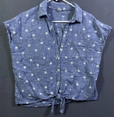 Old Navy Palm Trees Tie Front Button Up Linen/Cotton Blend Women Medium Beach - Изображение 1 из 4