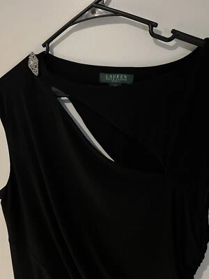 Ralph Lauren Black Solid Embellished Jeweled Brooch Sheath Dress Size 12 Cut Out - Image 1 of 4