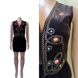 Vintage 1960s Brookshire brown velvet beaded vest with skirt / small - Picture 1 of 9
