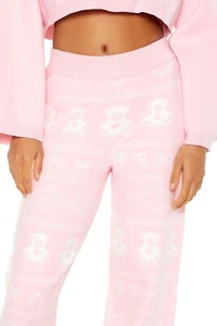 NWT Forever 21 Pink Teddy Bear Fair Isle Wide-Leg Sweater Pajama Pants Small - Picture 1 of 6