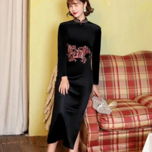 Formal Lady Chinese Cheongsam Velvet Embroidered Qipao Dress Wedding Prom Dress - Picture 1 of 11