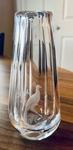 Vintage Signed Orrefors Crystal Bud Vase 4.5” – Etched Bird, Faceted, Sweden - Picture 1 of 16