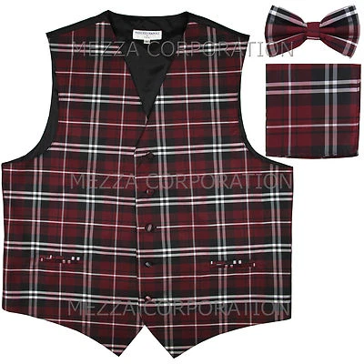 New Vesuvio Napoli Men's plaid Tuxedo Vest_Bowtie & Hankie set Burgundy formal - Image 1 of 4