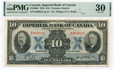 1933 $10 Imperial Bank of Canada - Choice Very Fine, PMG VF 30 - Image 1 of 2