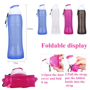 Silicone Portable Foldable Water Bottle 500ml Collapsible Drink Sports Hiking - Picture 1 of 6