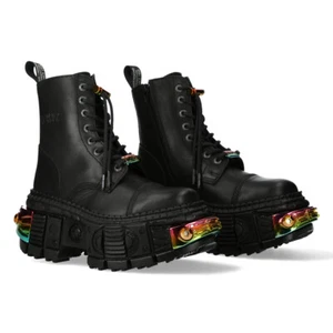 New Rock Boots WALL83CCT-S8 Unisex Metallic Black Leather Platform Gothic Boots - Picture 1 of 8