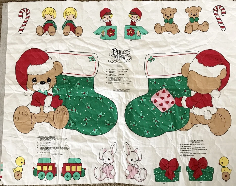 Precious Moments Quilted Christmas Stocking & Appliqués Fabric Panel Uncut - Image 1 of 1