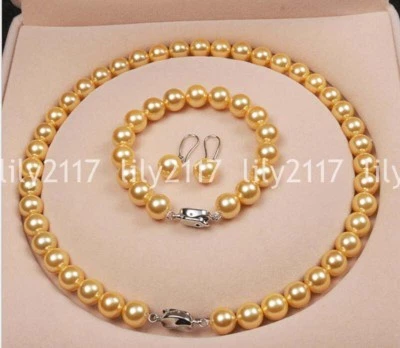 Juego de pendientes collar pulsera perlas concha del mar del sur oro de 10 mm 18"" AAA Foto 1 de 3