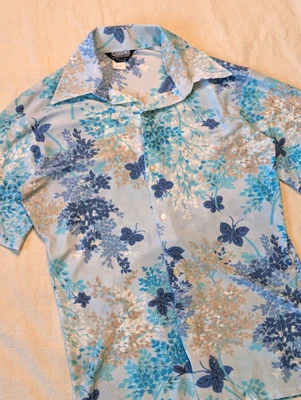 Chrome Vintage 70s Men's Blue Floral Butterfly Print Acetate Button Up LG USA - Image 1 of 4