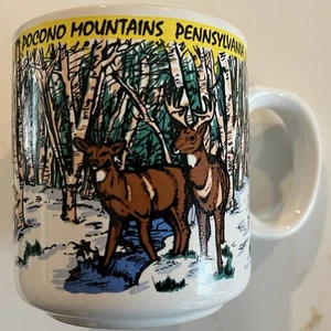 Vintage 1993 Pocono Mountains PA Coffee Mug, Winter Scene Deer, Cardinal - Picture 1 of 6