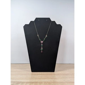 Delicate Pink & Green Floral Drop Necklace – 18" – Vintage Style Enamel Flowers  - Picture 1 of 1
