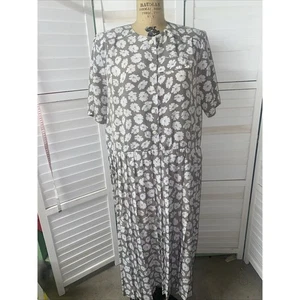 Orvis 90s VINTAGE RAYON Shift Shirt Dress Khaki Tan White Floral Pleated X-Large - Picture 1 of 11
