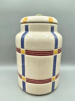 Longaberger Cerámica 10" Bote Grande Multi Negrita Cuadros Cosecha Mixta con Tapa/Sello Foto 1 de 4