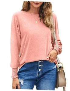 Womens Long Sleeve Tops Crew Neck Casual T Shirts Loose Basic Tee Small Coral - Picture 1 of 7