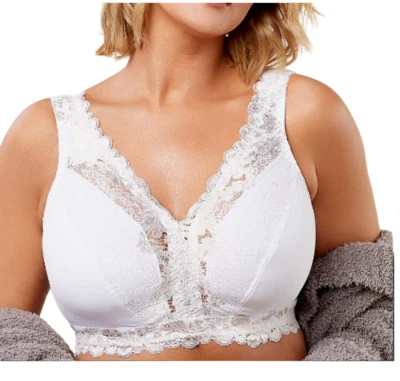 Breezies~Soft Support Wirefree Bra w Contrast Lace~SM~White~A373660~No Padding - Image 1 of 2