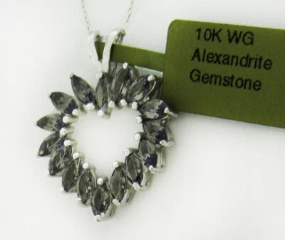 COLLAR COLGANTE CORAZÓN ALEJANDRITA 3,20 Cts LAB CREADO ORO BLANCO 10K - NUEVO CON ETIQUETAS Foto 1 de 3