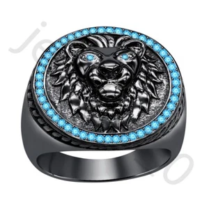 0.40 Ctw Lab Created Blue Topaz 14K Black Gold Over Wedding Lion Men's Ring - Picture 1 of 5