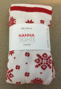 Hanna Anderson NWT Girls Footed Tights Sz 130/140cm US8/9 White With Red Design