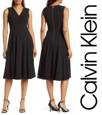 NWT CALVIN KLEIN Sleeveless Black V-Neck Seamed Fit & Flare Midi Dress Size 12 - Image 1 of 4