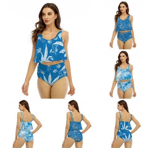 Detroit Lions 2PCS Bikini Swimsuit Womens Ruffled Top High Waist Ruched Bottom Cover