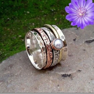 Pearl Moti Gemstone 925 Sterling Silver Ring Handmade Spinner Jewelry Ring Gift - Picture 1 of 3