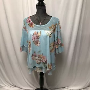 Relativity Blouse Womens Size Large Lined Floral Blue Sheer Flutter Sleeves Top - Picture 1 of 8