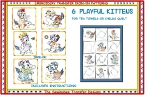 468 6 Playful Kitten Embroidery Transfer  Tea Towels or Baby Quilt IRON-ON NEW - Picture 1 of 1