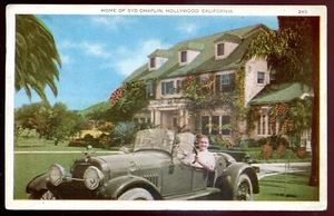 HOLLYWOOD Kalifornien Postkarte 1929 Los Angeles Syd Chaplin Home altes Auto - Bild 1 von 2