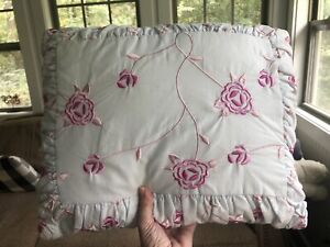 simply shabby chic light blue throw pillow with pink embroidered flowers