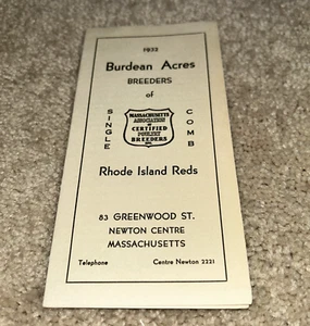 1932 BURDEAN ACRES - RHODE ISLAND REDS, Newton Centre Massachusetts Brochure - Picture 1 of 7