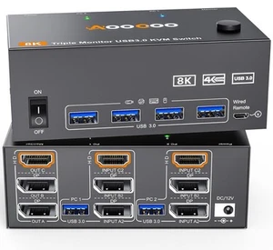 KVM Switch 3 Monitors 2 Computers 4K@144Hz 8K@60Hz, 2 Displayport + HDMI USB3... - Afbeelding 1 van 18