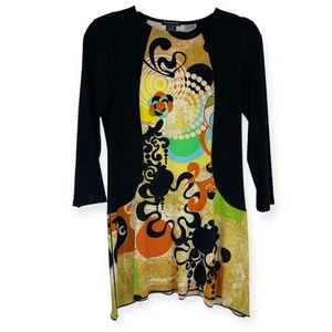 EVA VARRO Yellow Orange Abstract Art Tunic Top Floral Ornate Stretch Womens M - Picture 1 of 9