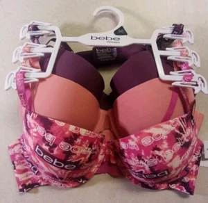 3 PACK BEBE INTIMATES PUSH-UP UNDERWIRE BRAS SIZE 34 C PINK/PURPLE TAGLESS - Picture 1 of 2