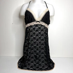 In Bloom by Jonquil XL Babydoll Racerback Black Lace Pink Trim Sheer Chemise - Picture 1 of 9