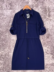 New Boston Proper Dress Large Womens Beyond Travel Long Sleeve Navy Blue Collar - Picture 1 of 9