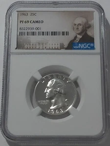 1963 NGC PF69 Cameo 90% Silver Proof George Washington Quarter 25c - Picture 1 of 3