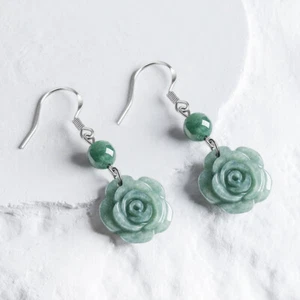 Grüne Myanmar Jadeit Rose Ohrringe natürliche burmesische Jade 925 Silber - Bild 1 von 5