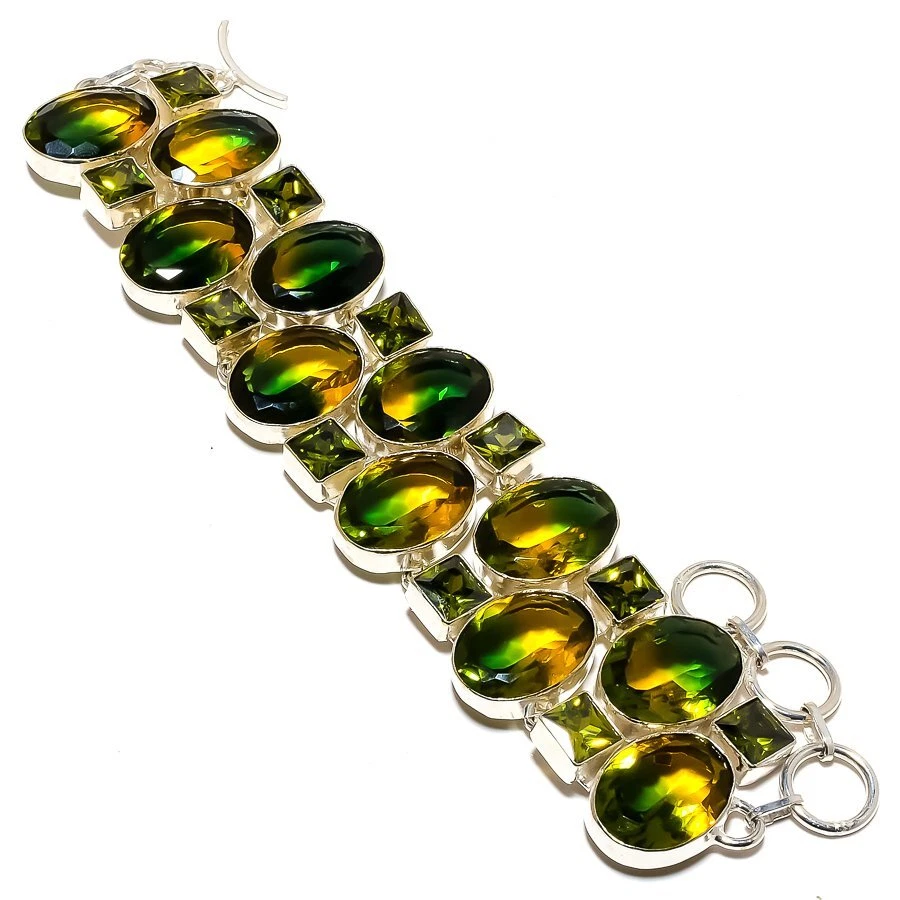 Bi-Color Tourmaline, Peridot Gemstone 925 Sterling Silver Bracelet 7-8" y324 - Image 1 of 4