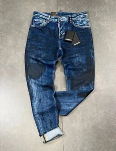 New DSQ2 Men's Dark Blue Black Spots Stretchy Washed Slim Fit Jeans - Picture 1 of 5