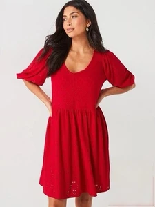 V By Very Broderie Puff Sleeve Smock Dress Red UK 12 Lined Eyelet Summer Dress - Picture 1 of 8