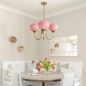 1950's Modern Pink Globe Sputnik Chandelier Brushed Brass Elegant Fixture Light - Picture 1 of 11